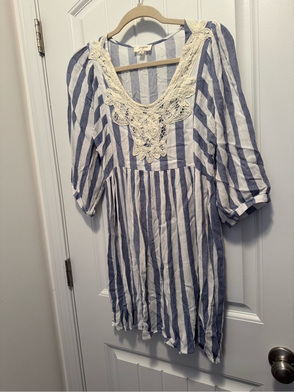 Umgee Blue & White Striped Crochet-Trim Tunic
